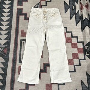 Mango kick flare ivory jeans with lace-up tie waist detail, sz 6